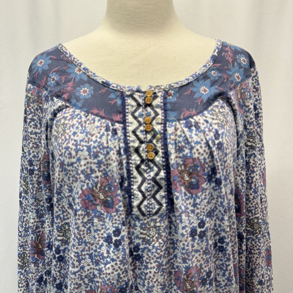 Lucky Brand Peasant Blouse Top L Blue Floral Boho Whimsy Fairy Cottage Y2K Ditsy - Picture 3 of 11